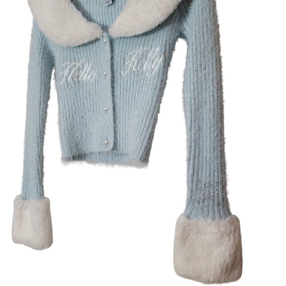 Hello Kitty & Friends X Forever 21 Blue Knit Cardigan W/Faux Fur Collar & Cuff - Picture 2 of 16